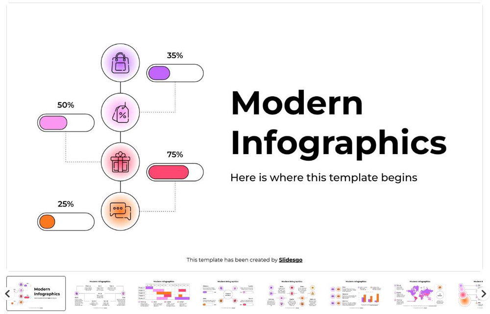 Mẫu slide thuyết trình Infographic với hình ảnh hiện đại và các biểu tượng minh họa nổi bật.